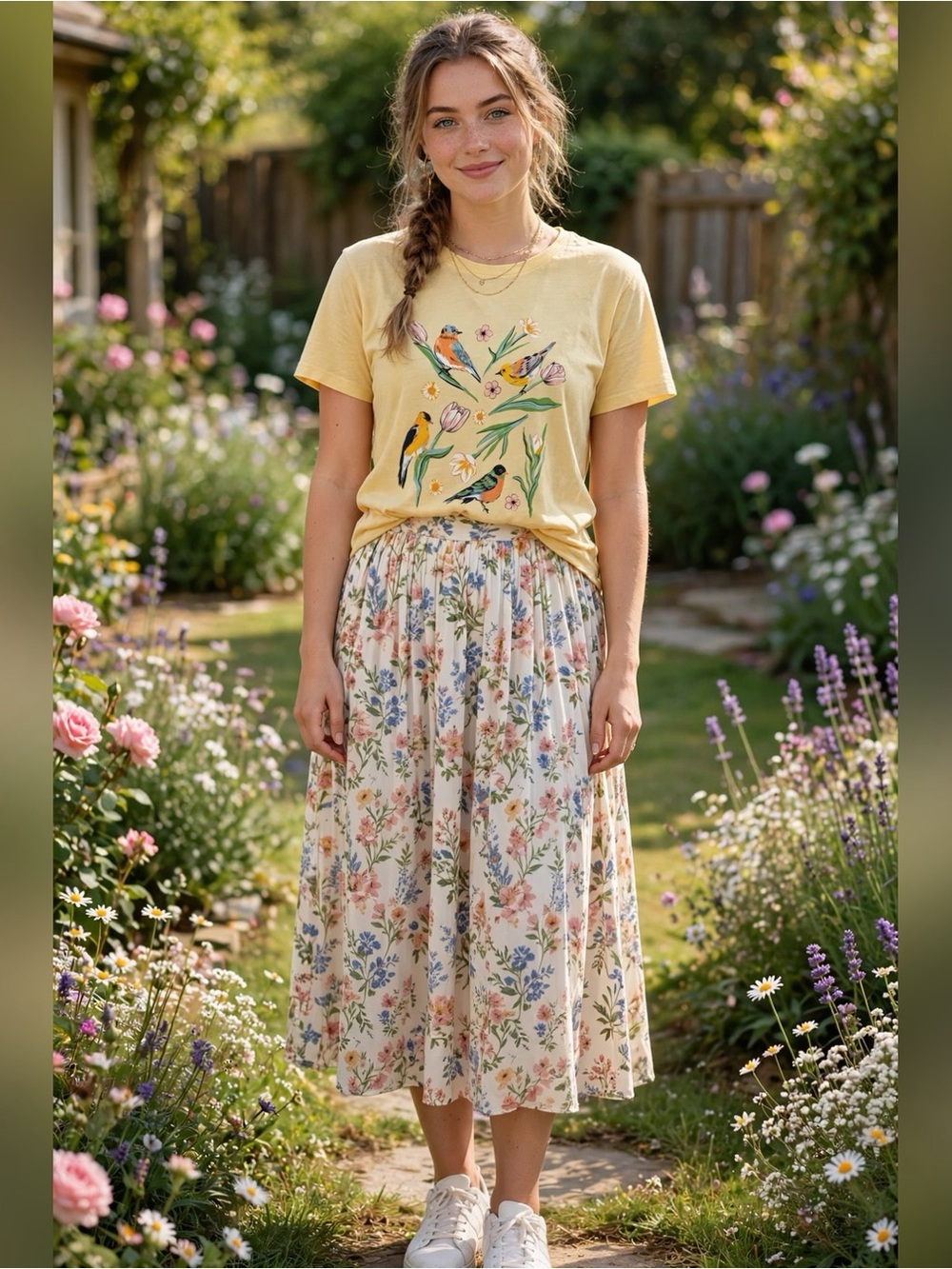 LOFT SONGBIRD GRAPHIC TEE BUTTER YELLOW COTTAGECORE GARDEN FLORAL BIRD SHIRT